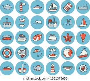 Thin line blue tinted icon set - fish flat vector, sashimi, oil production platform, lighthouse, sailboat, swimsuit, swimming, pool, earth, sea beach, chaise lounge, island, mask, flippers, starfish