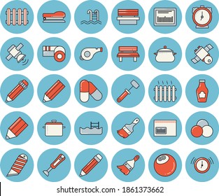 Thin line blue tinted icon set - paint brush flat vector, stationery knife, saucepan, meat hammer, blender, ketchup, bench, radiator, barcode, pencil, stapler, satellit, whistle, bowling ball, pills