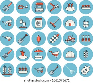 Thin line blue tinted icon set - wheelbarrow flat vector, ear, fertilizer vectory, well, tractor, sprinkling machine, pitchfork, shovel, secateurs, rake, planting plants, garden, seedlings, spike