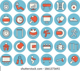 Thin line blue tinted icon set - flipchart flat vector, chart, meeting, weight, sneakers, stopwatch, carpal expander, parallel bars, sports equipment horse, tennis ball, fitball, boxing gloves, run