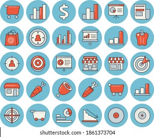 Thin line blue tinted icon set - ham flat vector, bell pepper, carrot, store front, grocery trolley, target audience, crisis, chart, dollar, statistics, bags, news, statistic, presentaition board