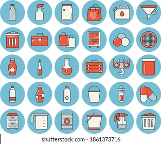 Thin line blue tinted icon set - hook flat vector, tool bag, meashuring cup, sieve, ketchup, sauce, jam, pulverizer, bucketful, oil tanks, canister, glass bottles, funnel, bags, medical analysis