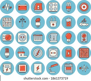 Thin line blue tinted icon set - sockets flat vector, energy saving lamp, switch box, electric kettle, stove, induction cooker, battery, accumulator, plug socket, power line support, eco cars, cpu