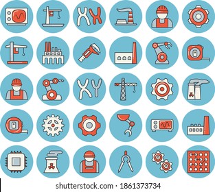 Thin line blue tinted icon set - crane flat vector, builder, cogwheel, tape measure, trammel, factory, manufactory, plant, construction worker, motherboard, robotics, dividers, chromosomes