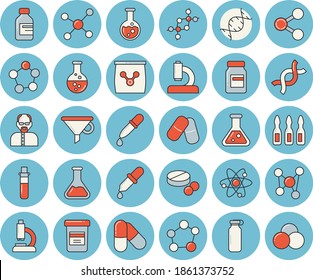 Thin line blue tinted icon set - fertilizer flat vectory, chemistry vector, funnel, molecules, pills, vial, pipette, blood test, microscope, ampoule, DNA, flask, molecule, atom, scientist, vitamins