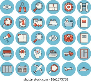 Juego de íconos de tintado azul de línea delgada - vector plano de ventana, disposición de la casa, cocina de inducción, sándwich, tortitas, camioneta, banco, lupa, calendario, ojo, trabajador de oficina, portátil, telescopio, avión