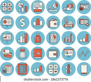 Thin line blue tinted icon set - calculator flat vector, chart, cash, credit card, dollar, investments, purse, wealth, statistics, scatter, book balance accounting, machine, statistic, abacus