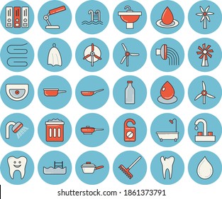 Thin line blue tinted icon set - faucet flat vector, sink, shower, frying pan, saute, towel, windmill, rake, hose irrigation, drop, glass bottles, tooth, caries, reading lamp, folders for papers