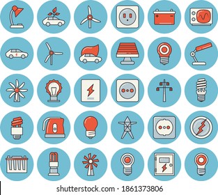 Thin line blue tinted icon set - sockets flat vector, energy saving lamp, switch box, electric kettle, windmill, solar battery, accumulator, socket, power line support, eco cars, reading, bulb