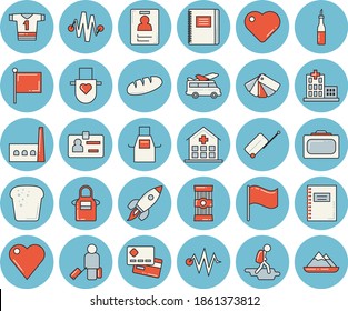 Thin line blue tinted icon set - color scheme flat vector, apron, spaghetti, sauce, bread, manufactory, credit card, flag, heart, hospital, badge, rocket, notebook, electric discharge fector, hike