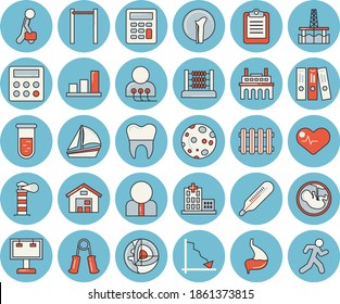 Thin line blue tinted icon set - oil production platform flat vector, plant, radiator, lighthouse, billboard, person, crisis, sailboat, warehouse, thermometer, blood test, hospital, clipboard, moon