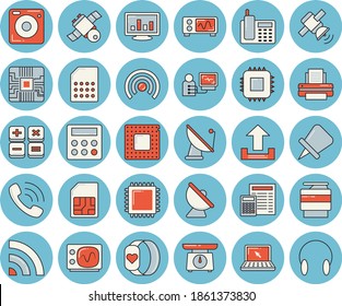 Juego de iconos de color azul claro - calculadora vector plano, pesador, antena satelital, tarjeta madre, tarjeta SIM, llamada telefónica, diagnóstico, gráfico de computadora, teléfono, impresora, copia, laptop, cpu