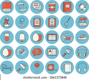 Thin line blue tinted icon set - tape measure flat vector, paint roller, shower, meashuring cup, egg, lollipop, coffe, well, chat, blood test, clipboard, hospital bed, book, satellit, textbook, golf
