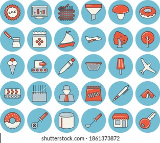 Thin line blue tinted icon set - colander flat vector, ladle, kitchen spoon, turk, mushroom, donut, ice cream, seeds, tree, conveyor, fabric manufacture, pipe production, store front, funnel, person