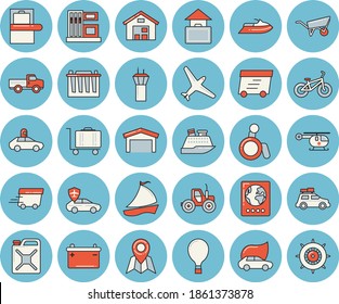 Thin line blue tinted icon set - wheelbarrow flat vector, pickup truck, tractor, gas station, accumulator, canister, eco cars, autopilot, warehouse, express delivery, sailboat, helicopter, bicycle