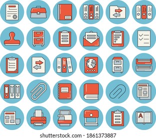 Juego de iconos de color azul claro de la línea delgada - informe gráfico vector plano, noticias, portapapeles, maletín, bloc de notas, clip, documento, carpeta, lista de tareas, impresora, bandeja de papel, máquina de copia, archivo, contrato, libro