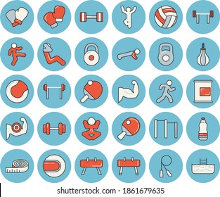 Thin line blue tinted icon set - dumbbell flat vector, barbell, weight, volleyball, centimeter, muscles, skipping rope, parallel bars, sports equipment horse, pear, tennis ball, boxing gloves, yoga