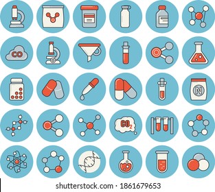 Juego de íconos de color azul claro - fertilizante vectorio plano, vector de dióxido de carbono, embudo, moléculas, pastillas, vial, pipeta, análisis de sangre, ampolla, matraz, molécula, microscopio, átomo, beakers, adn
