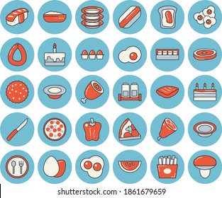 Thin line blue tinted icon set - knives flat vector, spice, table setting, plates, sausage, egg, watermelon, hot dog, pizza, cake, dish, porridge, ham, chop, bell pepper, French fries, sashimi
