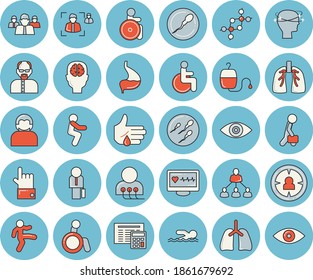 Juego de íconos de color azul delgado - calculadora vector plano, público objetivo, equipo, transfusión de sangre, diagnóstico informático de salud, discapacidad, lesión, ojo, dolor de cabeza, esperma, estómago, pulmones, reclutamiento