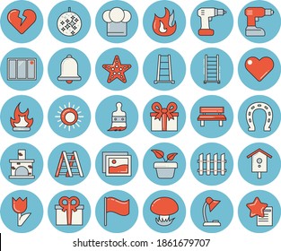 Thin Line Blue Tinted Icon Set - Window Flat Vector, Drill Screwdriver, Ladder, Fence, Cook Hat, Fire, Mushroom, Nesting Box, Home Plant, Horseshoe, Paint Brush, Tulip, Bonfire, Bench, Fireplace