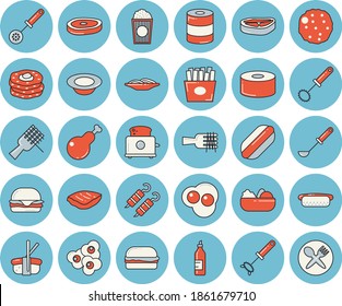 Thin line blue tinted icon set - ladle flat vector, kitchen spoon, whisk, toaster, chop, canned food, spaghetti on a fork, hamburger, hot dog, dish, salad, chicken, shashlik, cutlet, French fries