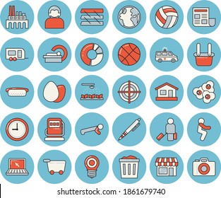 Juego de iconos de color azul claro - vector plano de huevo, hot dog, palomitas, máquina de rociar, casa, reabastecimiento de combustible, tierra, lámpara, planta, metalurgia, ambulancia, tomógrafo, reloj, diagrama de clircle, documento, pluma