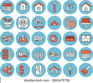 Juego de íconos de tintado azul de línea delgada - pared de ladrillo vectorial plano, traviesa, medida de cinta, disposición de la casa, puerta de entrada, cerradura, enchufes, rascacielos, piso cálido, martillo, procesador de alimentos, panal de miel, caja de anidación, llave