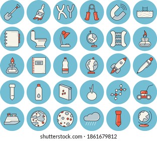 Thin line blue tinted icon set - toilet flat vector, groats, onion, shovel, paint brush, lawn mower, rain, magnet, chromosomes, reading lamp, tie, pen, rocket, moon, gas burner, globe, notebook, dna