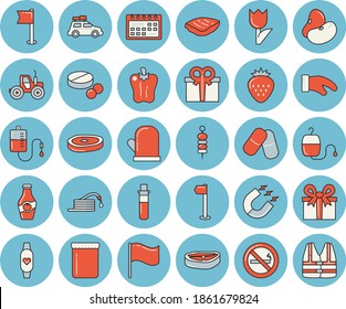 Thin line blue tinted icon set - potholder flat vector, chop, legumes, bell pepper, jam, Strawberry, canape, ketchup, tractor, hose, tulip, magnet, flag, present, pills, blood transfusion, test, car