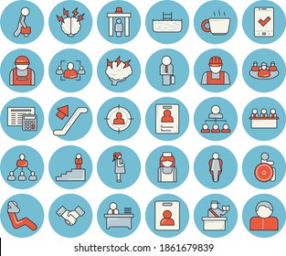 Thin line blue tinted icon set - builder flat vector, calculator, construction worker, target audience, disabled, gestation, nurse, coffee, teamwork, recruitment, badge, office, meeting, hierarchy