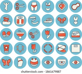 Thin line blue tinted icon set - sink flat vector, tulip, butterflies, pond, pool, weighing machine, centimeter, buttocks, waistline, fitball, swimsuit, gymnastics, hoop, sun protection cream, eye