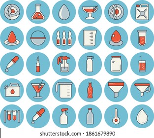 Thin line blue tinted icon set - cauldron flat vector, meashuring cup, temperature, sauce, lemonade, cocktail, soda, pulverizer, drop, canister, glass bottles, funnel, pipette, blood test, ampoule