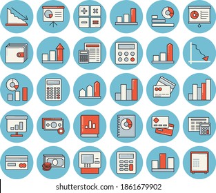 Thin line blue tinted icon set - calculator flat vector, crisis, chart, cash, credit card, purse, statistics, book balance accounting, statistic, presentaition board, achievement, dispenser, safe