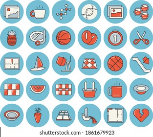 Thin line blue tinted icon set - concrete mixer flat vector, house layout, tile, flooring, scissors, watermelon, dish, coffee beans, carrot, tea, pineapple, honeycomb, metallurgy, dna, medal, heart