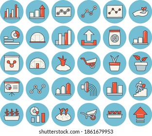 Thin line blue tinted icon set - fertilizer flat vectory, home plant vector, seedlings, planting plants, hose irrigation, garden wheelbarrow, greenhouse, chart, statistics, scatter, statistic