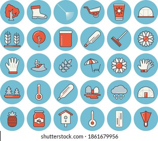 Thin line blue tinted icon set - temperature flat vector, ear, jam, pineapple, thermometer, nesting box, tree, flower, rake, garden wheelbarrow, gumboots, gloves, rain, greenhouse, forest, surfing