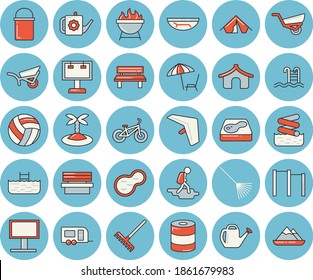 Thin line blue tinted icon set - hiking pot flat vector, barbecue, canned food, rake, watering can, garden wheelbarrow, bench, pond, pool, billboard, volleyball, bicycle, parallel bars, trailer