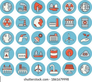 Thin line blue tinted icon set - faucet flat vector, tree, seedlings, solar battery, windmill, earth, factory, oil tanks, forest, hydroelectric power station, manufactory, plant, radiation, nuclear