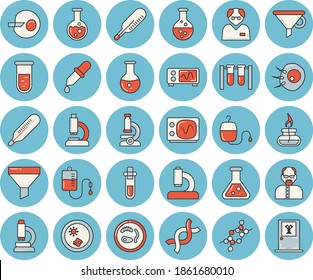 Juego de íconos de color azul claro - química vectorial plano, embudo, transfusión de sangre, termómetro, pipeta, prueba, microscopio, análisis médico, ADN, inseminación artificial, matraz, quemador de gas, zapatillas