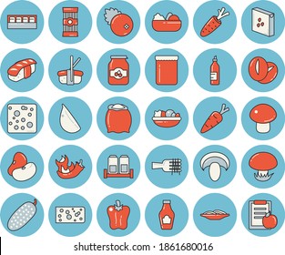 Weißblauer, getönter Symbolsatz - Gewürzflachvektor, Mehl, Grobgrieß, Spaghetti, Ketschup, Leguminosen, Käse, auf einer Gabel, Pilz, Salat, Kaffeebohnen, Knoblauch, Glockenpfeffer, scharfe Paprika, Gurken, Sashimi