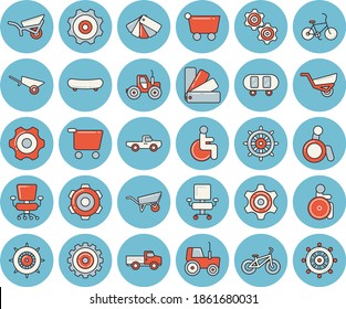 Thin line blue tinted icon set - wheelbarrow flat vector, cogwheel, color scheme, pickup truck, tractor, garden, grocery trolley, disabled, office chair, skateboard, bicycle, steering wheel