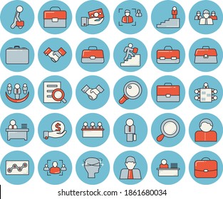 Juego de íconos de color azul de línea delgada - vector plano de caso, persona, inversiones, equipo, maletín, dolor de cabeza, reclutamiento, lupa, trabajador de oficina, diagrama de puntos, reunión, acuerdo, empresario, trabajo en equipo
