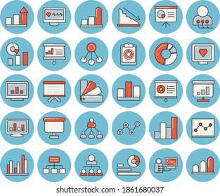 Juego de iconos de color azul de línea delgada - esquema de color vector plano, jerarquía, informe gráfico, crisis, gráfico, estadísticas, dispersión, diagrama de flujo, diagnóstico informático de salud, estadística, diagrama de clircle, punto