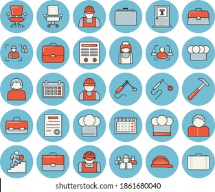 Thin line blue tinted icon set - builder flat vector, hard hat, hammer, cook, construction worker, welding, case, team, calendar, briefcase, nurse, recruitment, office chair, contract, career ladder