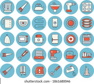 Thin line blue tinted icon set - drill screwdriver flat vector, saw, sink, boiler, meashuring cup, teapot, electric kettle, kitchen spoon, towel, stove, induction cooker, gas, microwave, toaster