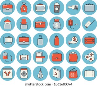 Thin line blue tinted icon set - tool bag flat vector, flour, groats, spaghetti on a fork, popcorn, fertilizer vectory, case, investments, wealth, bags, medical warmer, blood transfusion, briefcase