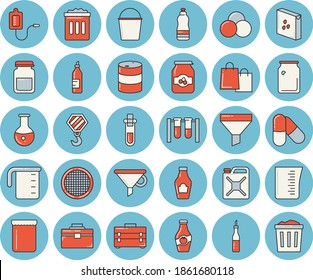 Thin line blue tinted icon set - hook flat vector, tool bag, meashuring cup, groats, sieve, ketchup, sauce, jam, mustard, bucketful, oil tanks, canister, glass bottles, funnel, bags, medical warmer