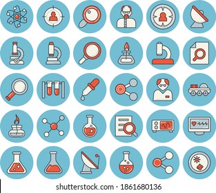 Thin line blue tinted icon set - chemistry flat vector, satellite antenna, magnifier, target audience, molecules, pipette, computer diagnostics of health, microscope, flask, molecule, atom, beakers