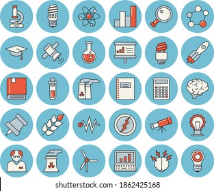 Leuchtend blauer Farbensatz - Energiesparlampe flache Vektorgrafik, Rakete, Kolben, Molekül, Mikroskop, Atom, Diagramm, Satellit, Vektorgrafik, Computer, Kernkraftwerk, Bachelorkappe, Lehrbuch, Blitz